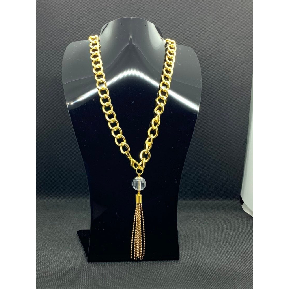 Large link gold chain necklace with clear beaded tassel - Vintage/Costume